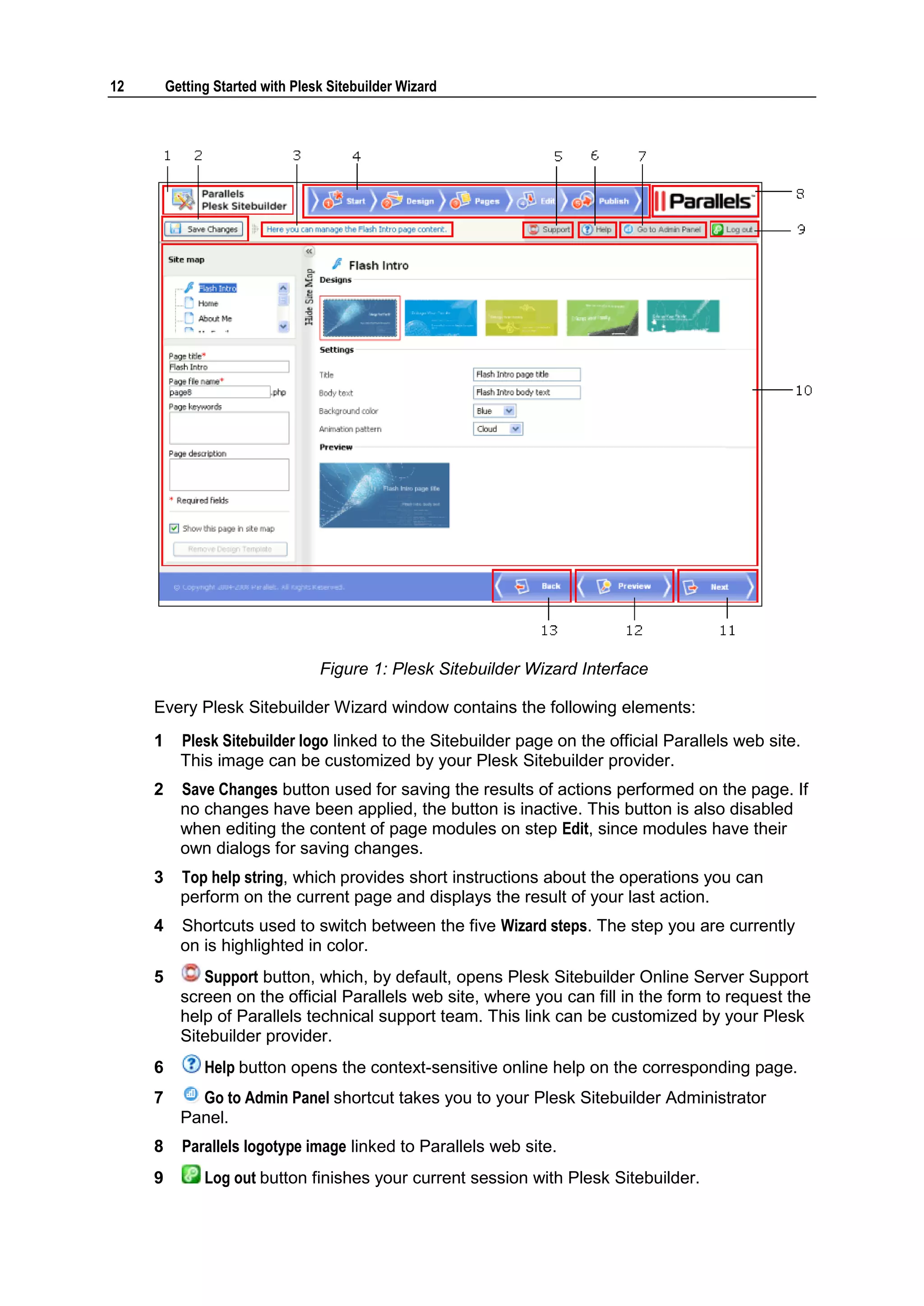 12 Getting Started with Plesk Sitebuilder Wizard Figure 1: Plesk Sitebuilder Wizard Interface Every Plesk Sitebuilder Wizard window contains the following elements: 1 Plesk Sitebuilder logo linked to the Sitebuilder page on the official Parallels web site. This image can be customized by your Plesk Sitebuilder provider. 2 Save Changes button used for saving the results of actions performed on the page. If no changes have been applied, the button is inactive. This button is also disabled when editing the content of page modules on step Edit, since modules have their own dialogs for saving changes. 3 Top help string, which provides short instructions about the operations you can perform on the current page and displays the result of your last action. 4 Shortcuts used to switch between the five Wizard steps. The step you are currently on is highlighted in color. 5 Support button, which, by default, opens Plesk Sitebuilder Online Server Support screen on the official Parallels web site, where you can fill in the form to request the help of Parallels technical support team. This link can be customized by your Plesk Sitebuilder provider. 6 Help button opens the context-sensitive online help on the corresponding page. 7 Go to Admin Panel shortcut takes you to your Plesk Sitebuilder Administrator Panel. 8 Parallels logotype image linked to Parallels web site. 9 Log out button finishes your current session with Plesk Sitebuilder. 