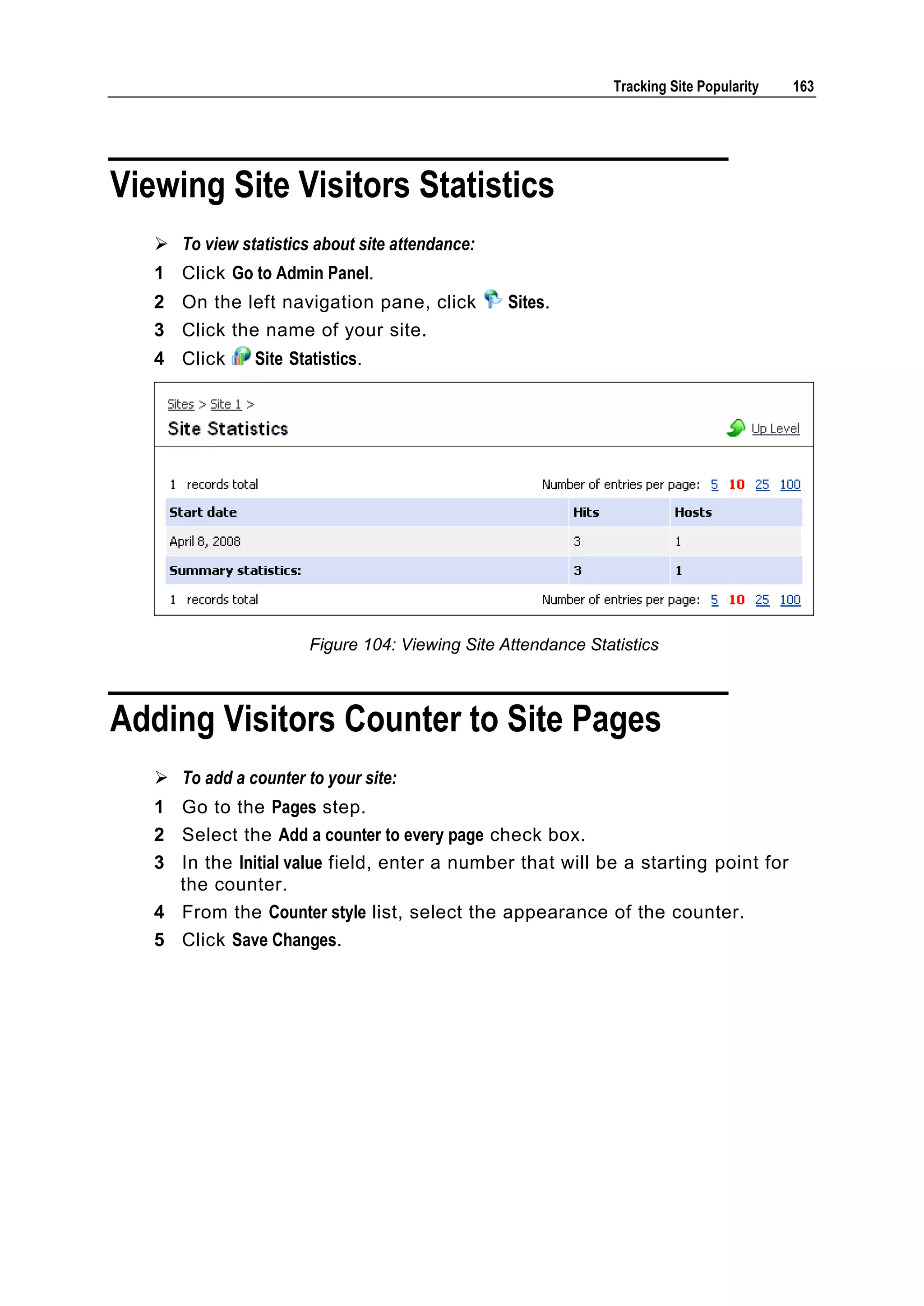 Tracking Site Popularity 163 Viewing Site Visitors Statistics  To view statistics about site attendance: 1 Click Go to Admin Panel. 2 On the left navigation pane, click Sites. 3 Click the name of your site. 4 Click Site Statistics. Figure 104: Viewing Site Attendance Statistics Adding Visitors Counter to Site Pages  To add a counter to your site: 1 Go to the Pages step. 2 Select the Add a counter to every page check box. 3 In the Initial value field, enter a number that will be a starting point for the counter. 4 From the Counter style list, select the appearance of the counter. 5 Click Save Changes. 