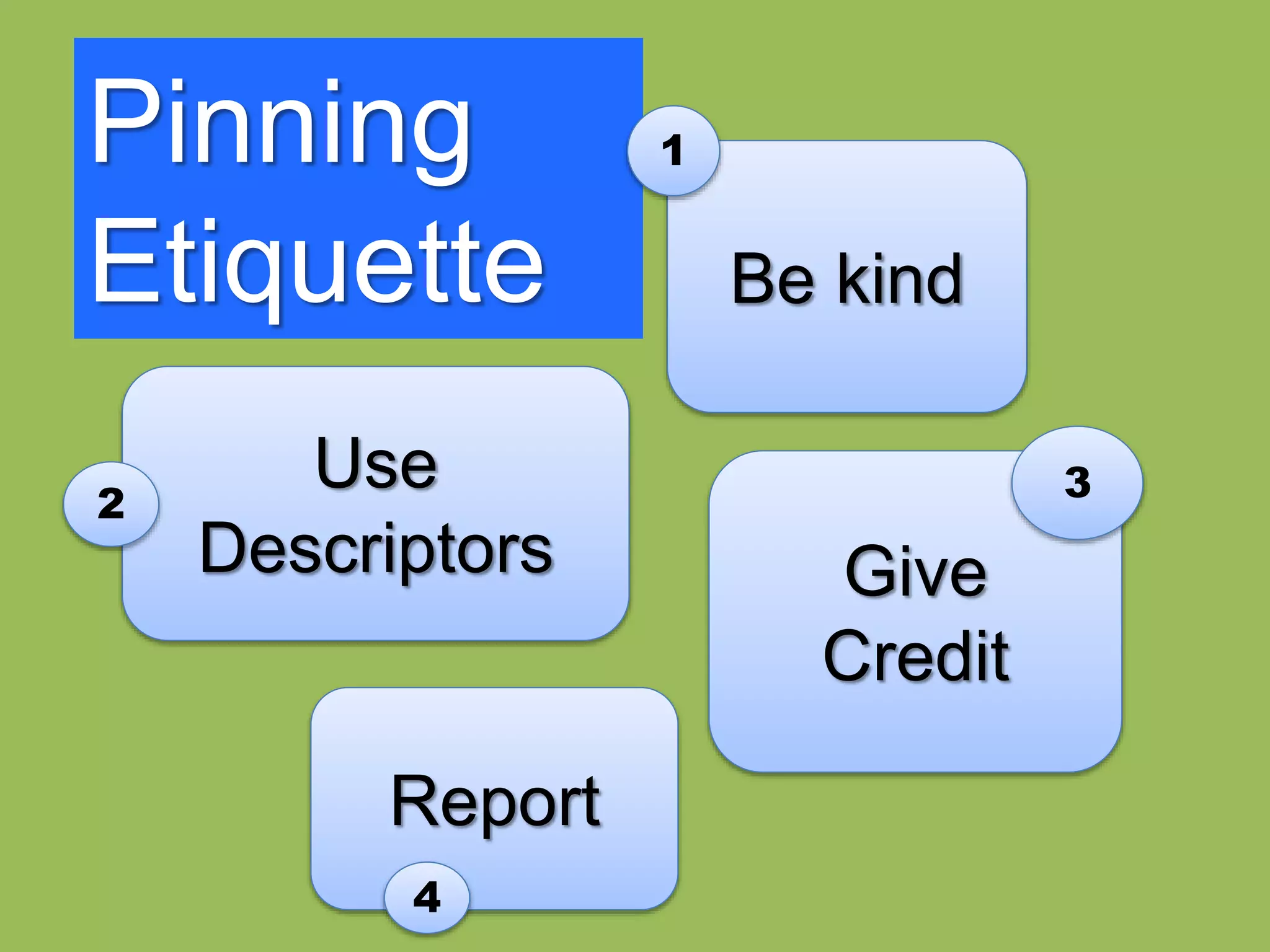Pinning
Etiquette Be kind
1
Give
Credit
3Use
Descriptors
2
Report
4
 