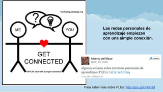 Las redes personales de
aprendizaje empiezan
con una simple conexión.
Para saber más sobre PLEs: http://goo.gl/CvKxnM
 
