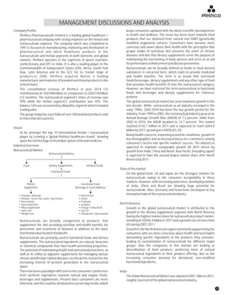 MANAGEMENT DISCUSSIONS AND ANALYSIS
CompanyProfile: keeps consumers updated with the latest scientific developments
in health and wellness. The move has been more towards foodPlethico Pharmaceuticals Limited is a leading global healthcare /
products that are obtained from natural non GMO (geneticallypharmaceutical company with strong emphasis on the herbal and
modified organisms) extracts. Consumers have become morenutraceuticals segment. The company which was established in
conscious and aware about their health with the perception that1991 is focused on manufacturing, marketing and distribution of
proper intake of nutritious diet prevents the onset of chronicpharmaceutical and allied healthcare products in the
diseases and also that dietary supplements serve the purpose ofnutraceuticals and herbal segments in both domestic and global
maintaining the functioning of body systems and serve as an aidmarkets. Plethico operates in the segments of sports nutrition,
forperformanceenhancementanddiseaseprevention.confectionary and OTC in India. It is also a leading player in the
Commonwealth of Independent States (CIS), Africa, South East Nutraceuticals can be broadly defined as foods or food derived
Asia, Latin America and in the GCC for its Travisil range of substances in extracted form, which claim to provide medicinal
products.In 2008, Plethico acquired Natrol, a leading and health benefits. The term is so broad that functional
manufacturer and marketer of branded nutritional products in the foods/beverages, dietary supplements and any other type of food
UnitedStates. that provides health benefits fit into the nutraceutical category.
However, we have restricted the term nutraceutical to functionalThe consolidated revenue of Plethico in year 2014 (15
foods and beverages and dietary supplements for referencemonths)stood at USD348million in comparison to USD314million
purpose.(12 months). The nutraceutical segment's share of revenue was
49% while the herbal segment's contribution was 35%. The The global nutraceutical market has seen maximum growth in the
balance 16% was accounted by allopathic segment which included last decade. While, nutraceuticals as an industry emerged in the
tradingsales. early 1990s, 2002-2010 has been the key growth period for the
industry. From 1999 to 2002, the nutraceutical industry grew at anThe group today has a portfolio of over 200 branded products sold
Annual Average Growth Rate (AAGR) of 7.3 percent, while frominmorethan60countries.
2002 to 2010, the AAGR doubled to 14.7 percent. The market
reached $142.1 billion in 2011 and is expected to reach $204.8
Vision:
billionby2017,growingataCAGRof6.3%.
To be amongst the top 10 international herbal / nutraceutical
Rising health concerns, improving economic conditions, growth of
player by creating a 'global Plethico healthcare brand', drawing
key demographics and an increased focus on e-commerce among
upontherichheritageoftheIndiansystemofherbalmedicine.
consumer's factors into specific markets' success. The industry is
IndustryOverview: expected to maintain comparable growth till 2015 driven by
NutraceuticalMarket growth from India, China and Brazil. Asia-Pacific (including Japan)
is expected to have the second largest market share after North
Americaby2017.
Stateofthemarket
On the global front, US and Japan are the strongest markets for
nutraceuticals owing to the consumer acceptability in these
markets. However, with increasing awareness, developing nations
of India, China and Brazil are showing huge potential for
nutraceuticals. Also, Germany and Israel have developed as key
innovationhubsofthenutraceuticalindustry.
NorthAmerica
Growth in the global nutraceutical market is attributed to the
growth in the dietary supplement segment with North America
having the highest market share for nutraceutical product market,
standing at USD56.4 billion in 2011 and a growth rate of more thanNutraceuticals are broadly categorized as products that
6%during2007-2011.supplement the diet providing nutrition and health benefits for
prevention and treatment of diseases in addition to the basic Growthin the North American region is primarilysupported bythe
nutritionalvaluefoundinfoodstuffs. consumers who are more conscious about health and food habits
demanding specific ingredients in the products they consume,Nutraceuticals are primarily used in functional foods and dietary
leading to customization of nutraceuticals for different targetsupplements. The nutraceutical ingredients are natural, bioactive
groups. Also the companies in this domain are looking ator chemical compounds that have health promoting properties.
diversification of their products, preferring more of naturalThe potential of maintaining health and normal body functions, as
nutraceutical ingredients in their product offering, due to thewell as its utility as adjuvant supplements for managing various
increasing consumer demand for all-natural, non-modifiedchronicandlifestylerelateddiseases,aretheprimereasonsforthe
functionalingredients.increasing interest of present generation in the nutraceutical
space.
Therehasbeenaparadigmshiftseenintheconsumers'preference India
from synthetic ingredients towards natural and organic foods, TheIndianNutraceuticalMarketwasvaluedatUSD1.48bnin2011,
beverages and supplements. Present day's consumers are more roughly2percentoftheglobalnutraceuticalindustry.
informed,and this could be attributed to current day media,which
Nutraceutical Industry
Food Dietary Supplements
&
Functional Foods
Medical Foods
Dietary
Supplement
Functional Food,
Beverage & Food Additives
Sterol Esters
Lutein
Probiotics
Lycopine
Omega 3 Fatty Acids
CoQ 10
Chondroitin, Glucosamine
Vitamins, Minerals
Herbals - Green Tea, Garlic, Soy Protein
Non Herbals
Sports Nutrition
Meal Supplement
Joint Care
Weight Loss
13
 