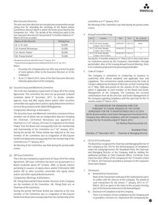 st
Non-ExecutiveDirectors: committeew.e.f1 January,2014.
Thenon-executivedirectorsarenotpaidanyremunerationexcept No Meeting of the Committee was held during the period under
sitting fees for attending the meetings of the Board and/or review.
Committees thereof which is within the limits prescribed by the
Companies Act, 1956. The details of the sitting fees paid to the
st 4. AnnualGeneralMeetingsnon-executive directors for the period of 15 months ended on 31
March,2014areasunder:
st
During the 15 months ended on 31 March 2014, there have beenth
#Resignedasadirectorwitheffectfrom16 January,2014.
no resolutions passed by the Company's shareholders throughth
^PranavKoshalwasappointedasanAdditionalDirectoron24 Jan,2014.
postal ballot. Also, at the ensuing Annual General Meeting, there
Notes: isnoresolutionproposedtobepassedbypostalballot.
i. Presently, the Company does not offer any scheme for grant
5. CodeofConductof stock options either to the Executive Directors or to the
employees. The Company is committed to conducting its business in
st
ii. As on 31 March 2014, none of the Non-Executive Directors conformity with ethical standards and applicable laws and
heldanyequitysharesintheCompany. regulations. This commitment stands evidenced by the Code of
Conduct adopted by the Board of Directors at their meeting held
th
on 5 May, 2006 and posted on the website of the Company,(iv) SecuritiesIssueandAllotmentCommittee
which is applicable to each member of the Board and SeniorThis is the non-mandatory requirement of Clause 49 of the Listing
Management of the Company. The Company has received
Agreement. This committee has been set up pursuant to Board
confirmations from all the Directors and Senior Management ofth
resolution dated 8 December, 2011, to decide, consider, the Company regarding compliance with the said Code for the 15
stapprove, issue and allot equity shares and/or other securities monthsended31 March,2014.
convertible into equity shares and/or equity linked instruments in
termsoftheprovisionsoftheSEBIICDRRegulations.
Composition,Meetings &Attendance:
The Securities Issue and Allotment committee consisted of three
members out of whom two are independent directors including
the Chairman. CA.Pramod Shrivastava was appointed as
th
Chairman w.e.f 24 January, 2014 due to resignation of CA.Hitesh
Thakar from the Board and consequently from the membership
th
and chairmanship of the Committee w.e.f 16 January, 2014.
During the period, Mr. Pranav Koshal was inducted as the new
member of the Committee due to resignation of Mrs.Gauravi
Parikh from Board and consequently from the membership of the
6. CEO&CFOCertificationst
committeew.e.f1 January,2014.
The Board has recognized the Chairman and Managing Director of
No Meeting of the Committee was held during the period under
the Company as the CEO for the limited purpose of compliance
review. under the Listing Agreement. Mr. Shashikant Patel, the Chairman
and Managing Director of the Company shall be holding the
(v) QIPIssueCommittee additional portfolio of Chief Financial Officer. Certificate from
Chief Executive Officer of the Company for the 15 months endedThis is the non-mandatory requirement of Clause 49 of the Listing st
31 March, 2014 has been provided as annexure to the CorporateAgreement. QIP Issue committee has been set up pursuant to a
th GovernanceReport.
Board resolution dated 30 October, 2009, to decide matters
pertaining to issuance of equity shares and/or FCCB and/or GDR
7. Disclosuresand/or QIP or other securities convertible into equity shares
a) RelatedPartyTransactionsand/orsuchotherequitylinkedinstruments.
Noneofthetransactionswithanyoftherelatedpartieswere
in conflict with the interest of the Company. The details of
Mr. Chirag Patel and Mr.Pranav Koshal, Directors of the Company st st
such transactions for the tenure 1 January, 2013 to 31
are the members of the Committee. Mr. Chirag Patel acts as March, 2014 are given in the notes to the accounts forming
ChairmanoftheCommittee. partofthefinancialstatementinthisAnnualReport.
During the period, Mr.Pranav Koshal was inducted as the new b) DisclosureofCompliancesbytheCompany
member of the Committee due to resignation of Mrs.Gauravi There is no instance of non-compliance by the Company and
Parikh from Board and consequently from the membership of the no penalties, strictures etc. imposed on the Company by the
Composition,Meetings &Attendance:
2010 A.B. Road, Manglia, 28/09/2011 9.30 a.m. None
Indore- 453771 (M.P.)
2011 A.B. Road, Manglia, 29/06/2012 9.30 a.m. 4
Indore- 453771 (M.P.)
2012 A.B. Road, Manglia, 28/06/2013 9.30 a.m. 1
Indore- 453771 (M.P.)
Year Location Date Time No. of Special
Resolution passed
DECLARATION BY THE MANAGING DIRECTOR
PURSUANT TO CLAUSE 49(I)(D)(ii) OF THE LISTING
AGREEMENT FOR THE 15 MONTHS ENDED ON 31.03.2014
All the Board members and Senior Management Personnel of the
Company have affirmed compliance with the Company's Code of
st
Conductforthe15monthsended31 March,2014.
For Plethico Pharmaceuticals Ltd.
Shashikant Patel,
th
Mumbai, 27 November 2014 Chairman & Managing Director
Name of the Director Sitting Fees
Dr. G. N. Qazi 30,000
CA. Pramod Shrivastava ` 35,000
#
CA. Hitesh Thakar ` 30,000
Mr. Pranav Koshal^ ` 10,000
`
23
 