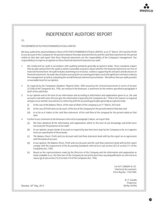 INDEPENDENT AUDITORS' REPORT
TO,
THEMEMBERSOFPLETHICOPHARMACEUTICALSLIMITED
st
We have audited the attached Balance Sheet of PLETHICO PHARMACEUTICALS LIMITED, as at 31 March, 2014 and the Profit
& Loss Account of the Company for the period ended on that date annexed thereto and the cash flow statement for the period
ended on that date and report that these financial statements are the responsibility of the Company's management. Our
responsibilityistoexpressanopiniononthesefinancialstatementsbasedonouraudit.
1. We conducted our audit in accordance with auditing standards generally accepted in India. These standards require
that we plan and perform the audit to obtain reasonable assurance about whether the financial statements are free of
materialmisstatement.Anauditincludesexaminingonatestbasis,evidencesupportingtheamountsanddisclosuresin
financial statements. An audit also includes assessing the accounting principles used and significant estimates made by
the management as well as evaluating the overall financial statement presentation. We believe that our audit provides
areasonablebasisforouropinion.
2. As required by the Companies (Auditors' Report) Order, 2003 issued by the Central Government in terms of Section
227(4A) of the Companies Act, 1956, we enclose in the Annexure, a statement on the matters specified in paragraphs 4
and5ofthesaidOrder.
3. In our opinion and to the best of our information and according to information and explanations given to us, the said
accounts read with notes thereon give the information required by the Companies Act, 1956 in the manner so required
andgiveatrueandfairviewandareinconformitywiththeaccountingprinciplesgenerallyacceptedinIndia.
st
(i) InthecaseoftheBalanceSheet,ofthestateofaffairsofthecompanyasat31 March,2014and
(ii) InthecaseofProfitandLossAccount,ofthelossoftheCompanyfortheperiodendedonthatdateand
(iii) In so far as it relates to the cash flow statement, of the cash flow of the company for the period ended on that
date.
4. FurthertoourcommentsintheAnnexurereferredtoinparagraph2above,wereportthat:
(a) We have obtained all the information and explanations which to the best of our knowledge and belief were
necessaryforthepurposesofouraudit;
(b) In our opinion, proper books of account as required by law have been kept by the Company so far as it appears
fromourexaminationofthosebooks;
(c) The Balance Sheet, Profit and Loss Account and Cash flow statement dealt with by this report are in agreement
withthebooksofaccount;
(d) In our opinion, the Balance Sheet, Profit and Loss Account and the cash flow statement dealt with by this report
comply, with the requirement of the Accounting Standards referred to in sub-section (3C) of section 211 of the
CompaniesAct,1956.
(e) Based on the representations made by the Directors of the Company and the information and explanation as
made available to us, the Directors of the Company do not prima facie have any disqualification as referred to in
clause(g)ofsubsection(1)ofsection274oftheCompaniesAct,1956.
N. P. Gandhi
Proprietor
(M.No.44294)th
Mumbai, 28 May, 2014
For N.P. GANDHI & CO.
Chartered Accountants
(Firm Reg No: 116574W)
29
 