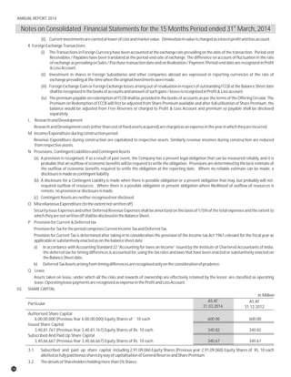 (ii) Currentinvestmentsarecarriedatlowerofcostandmarketvalue. Diminutioninvalueischargedasalossinprofitandlossaccount.
K ForeignExchangeTransactions
(i) TheTransactionsinForeignCurrencyhavebeenaccountedattheexchangerateprevailingonthedateofthetransaction. Period-end
Receivables / Payables have been translated at the period-end rate of exchange. The difference on account of fluctuation in the rate
ofexchangeasprevailingonSales/PurchasetransactiondateandonRealization/Payment/Period-enddatearerecognizedinProfit
&LossAccount.
(ii) Investment in shares in Foreign Subsidiaries and other companies abroad are expressed in reporting currencies at the rate of
exchangeprevailingatthetimewhentheoriginalinvestmentsweremade.
(iii) Foreign Exchange Gain or Foreign Exchange losses arising out of revaluation in respect of outstanding FCCB at the Balance Sheet date
shallberecognizedinthebooksofaccountsandamountofsuchgains/lossesisrecognisedinProfit&Lossaccount.
(iv) The premium payable on redemption of FCCB shall be provided in the books of accounts as per the terms of the Offering Circular. The
Premium on Redemption of FCCB will first be adjusted from Share Premium available and after full utilization of Share Premium, the
balance would be adjusted from Free Reserves or charged to Profit & Loss Account and premium so payable shall be disclosed
separately.
L ResearchandDevelopment
ResearchandDevelopmentcosts(otherthancostoffixedassetsacquired)arechargedasanexpenseintheyearinwhichtheyareincurred.
M Income/Expenditureduringconstructionperiod
Revenue Expenditure during construction are capitalized to respective assets. Similarly revenue incomes during construction are reduced
fromrespectiveassets.
N Provisions,ContingentLiabilitiesandContingentAssets
(a) A provision is recognised, if as a result of past event, the Company has a present legal obligation that can be measured reliably, and it is
probable that an outflow of economic benefits will be required to settle the obligation. Provisions are determined by the best estimate of
the outflow of economic benefits required to settle the obligation at the reporting date. Where no reliable estimate can be made, a
disclosureismadeascontingentliability.
(b) A disclosure for a Contingent Liability is made when there is possible obligation or a present obligation that may, but probably will not,
required outflow of resources. Where there is a possible obligation or present obligation where likelihood of outflow of resources is
remote,noprovisionordisclosureismade.
(c) ContingentAssetsareneitherrecognisednordisclosed.
O MiscellaneousExpenditure(totheextentnotwrittenoff)
Security Issue Expenses and other Deferred Revenue Expenses shall be amortized on the basis of 1/5th of the total expenses and the extent to
whichtheyarenotwrittenoffshallbedisclosedintheBalanceSheet.
P ProvisionforCurrent&Deferredtax
ProvisionforTaxfortheperiodcomprisesCurrentIncomeTaxandDeferredTax.
Provision for Current Tax is determined after taking in to consideration the provision of the Income tax Act’1961 relevant for the fiscal year as
applicableorsubstantivelyenactedasonthebalancesheetdate.
a) In accordance with Accounting Standard 22 “Accounting for taxes on Income” issued by the Institute of Chartered Accountants of India,
the deferred tax for timing differences is accounted for, using the tax rates and laws that have been enacted or substantively enacted on
theBalanceSheetdate.
b) DeferredTaxAssetsarisingfromtimingdifferencesarerecognisedonlyontheconsiderationofprudence.
Q Lease
Assets taken on lease, under which all the risks and rewards of ownership are effectively retained by the lessor, are classified as operating
lease.OperatingleasepaymentsarerecognizedasexpenseintheProfitandLossAccount.
03. SHARECAPITAL
AS AT
31.03.2014
AS AT
31.12.2012
Authorised Share Capital
6,00,00,000 (Previous Year 6,00,00,000) Equity Shares of ` 10 each 600.00 600.00
Issued Share Capital
3,40,81,767 (Previous Year 3,40,81,767) Equity Shares of Rs. 10 each 340.82 340.82
Subscribed And Paid Up Share Capital
3,40,66,667 (Previous Year 3,40,66,667) Equity Shares of Rs. 10 each 340.67 340.67
3.1 Subscribed and paid up share capital including 2,91,09,060 Equity Shares (Previous year 2,91,09,060) Equity Shares of Rs. 10 each
allottedasfullypaidbonussharesbywayofcapitalisationofGeneralReserveandSharePremium.
3.2 ThedetailsofShareholdersholdingmorethan5%Shares:
` in Million
Particular
st
Notes on Consolidated Financial Statements for the 15 Months Period ended 31 March, 2014
56
ANNUAL REPORT 2014
 