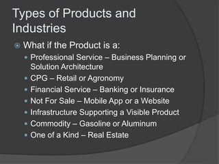 Types of Products and 
Industries 
 What if the Product is a: 
 Professional Service – Business Planning or 
Solution Architecture 
 CPG – Retail or Agronomy 
 Financial Service – Banking or Insurance 
 Not For Sale – Mobile App or a Website 
 Infrastructure Supporting a Visible Product 
 Commodity – Gasoline or Aluminum 
 One of a Kind – Real Estate 
 