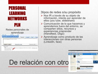 PERSONAL
LEARNING
NETWORKS
PLN
Redes personales de
aprendizaje

3tipos de redes s/su propósito
 Nos IR a través de su objeto de
información, interés por aprender de
ellos (you tube, slideshare)
 Comunicación de lo que hacemos y
aprendemos fuera del entorno, se
comparten sitios, recursos y
experiencias p/aprender
(friendfeed, Diigo)
 Aprendizaje como producto de las
interacciones con otras personas
(LinkedIn, face)

De relación con otros

 