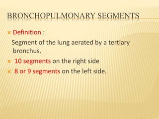 BRONCHOPULMONARY SEGMENTS
 Definition :
Segment of the lung aerated by a tertiary
bronchus.
 10 segments on the right side
 8 or 9 segments on the left side.
 