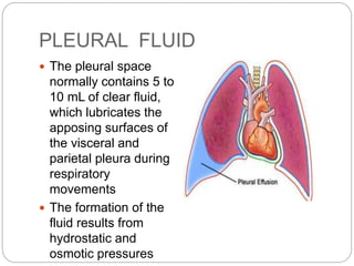  A collection of pus in the
pleural cavity is called
an empyema
 Aspiration of any fluid
from the pleural cavity is
call...