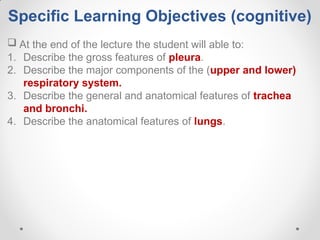 Specific Learning Objectives (cognitive)
 At the end of the lecture the student will able to:
1. Describe the gross features of pleura.
2. Describe the major components of the (upper and lower)
respiratory system.
3. Describe the general and anatomical features of trachea
and bronchi.
4. Describe the anatomical features of lungs.
 