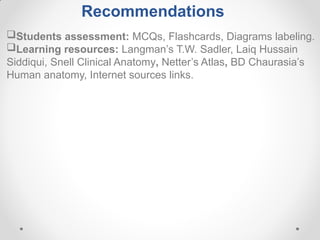Recommendations
Students assessment: MCQs, Flashcards, Diagrams labeling.
Learning resources: Langman’s T.W. Sadler, Laiq Hussain
Siddiqui, Snell Clinical Anatomy, Netter’s Atlas, BD Chaurasia’s
Human anatomy, Internet sources links.
 