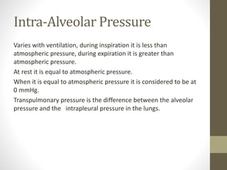 Intra-Alveolar Pressure
Varies with ventilation, during inspiration it is less than
atmospheric pressure, during expiration it is greater than
atmospheric pressure.
At rest it is equal to atmospheric pressure.
When it is equal to atmospheric pressure it is considered to be at
0 mmHg.
Transpulmonary pressure is the difference between the alveolar
pressure and the intrapleural pressure in the lungs.
 