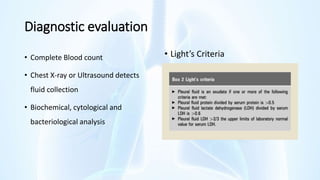 Diagnostic evaluation
• Complete Blood count
• Chest X-ray or Ultrasound detects
fluid collection
• Biochemical, cytological and
bacteriological analysis
• Light’s Criteria
 
