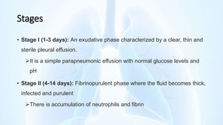 Stages
• Stage I (1-3 days): An exudative phase characterized by a clear, thin and
sterile pleural effusion.
It is a simple parapneumonic effusion with normal glucose levels and
pH
• Stage II (4-14 days): Fibrinopurulent phase where the fluid becomes thick,
infected and purulent
There is accumulation of neutrophils and fibrin
 