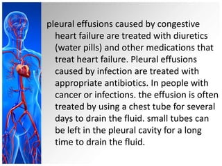 pleural effusions caused by congestive
heart failure are treated with diuretics
(water pills) and other medications that
treat heart failure. Pleural effusions
caused by infection are treated with
appropriate antibiotics. In people with
cancer or infections. the effusion is often
treated by using a chest tube for several
days to drain the fluid. small tubes can
be left in the pleural cavity for a long
time to drain the fluid.

 