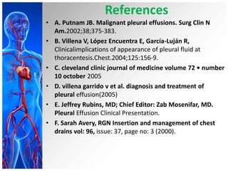 References
• A. Putnam JB. Malignant pleural effusions. Surg Clin N
Am.2002;38;375-383.
• B. Villena V, López Encuentra E, García-Luján R,
Clinicalimplications of appearance of pleural fluid at
thoracentesis.Chest.2004;125:156-9.
• C. cleveland clinic journal of medicine volume 72 • number
10 october 2005
• D. villena garrido v et al. diagnosis and treatment of
pleural effusion(2005)
• E. Jeffrey Rubins, MD; Chief Editor: Zab Mosenifar, MD.
Pleural Effusion Clinical Presentation.
• F. Sarah Avery, RGN Insertion and management of chest
drains vol: 96, issue: 37, page no: 3 (2000).

 