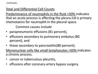 continued…
Total and Differential Cell Counts
Predominance of neutrophils in the fluid >50% indicates
that an acute process is affecting the pleura.IL8 is primary
chemotaxins for neutrophil in the pleural space.
Common causes include
• parapneumonic effusions (81 percent),
• effusions secondary to pulmonary embolus (80
percent), and
• those secondary to pancreatitis(80 percent).
Mononuclear cells like small lymphocytes >50% indicates
a chronic process.
• cancer or tuberculous pleuritis,
• effusions after coronary-artery bypass surgery.
 