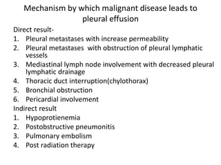Mechanism by which malignant disease leads to
pleural effusion
Direct result-
1. Pleural metastases with increase permeability
2. Pleural metastases with obstruction of pleural lymphatic
vessels
3. Mediastinal lymph node involvement with decreased pleural
lymphatic drainage
4. Thoracic duct interruption(chylothorax)
5. Bronchial obstruction
6. Pericardial involvement
Indirect result
1. Hypoprotienemia
2. Postobstructive pneumonitis
3. Pulmonary embolism
4. Post radiation therapy
 