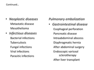 Continued…
• Neoplastic diseases
Metastatic disease
Mesothelioma
• Infectious diseases
Bacterial infections
Tuberculosis
F...