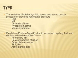 TYPE
 Transudative (Protein<3gm/dl), due to decreased oncotic
pressure or elevated hydrostatic pressure ------
CCF
NS
Cirrhosis of liver
Hypoproteinaemia
Meig’s syndrome
 Exudative (Protein>3gm/dl), due to increased capillary leak and
diminished fluid resorption --------
Pulmonary TB
Para-pneumonic effusion
Bronchial carcinoma
SLE, RA
Acute pancreatitis
 