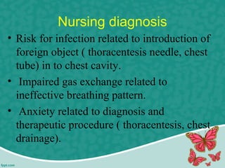 Nursing diagnosis
• Risk for infection related to introduction of
foreign object ( thoracentesis needle, chest
tube) in to chest cavity.
• Impaired gas exchange related to
ineffective breathing pattern.
• Anxiety related to diagnosis and
therapeutic procedure ( thoracentesis, chest
drainage).
 