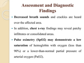 Assessment and Diagnostic
Findings
 Decreased breath sounds and crackles are heard
over the affected area.
 In addition, chest x-ray findings may reveal patchy
infiltrates or consolidated areas.
 Pulse oximetry (SpO2) may demonstrate a low
saturation of hemoglobin with oxygen (less than
90%) or a lower-than-normal partial pressure of
arterial oxygen (PaO2).
 
