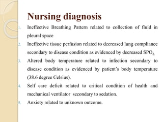 Nursing diagnosis
1. Ineffective Breathing Pattern related to collection of fluid in
pleural space
2. Ineffective tissue perfusion related to decreased lung compliance
secondary to disease condition as evidenced by decreased SPO2.
3. Altered body temperature related to infection secondary to
disease condition as evidenced by patient’s body temperature
(38.6 degree Celsius).
4. Self care deficit related to critical condition of health and
mechanical ventilator secondary to sedation.
5. Anxiety related to unknown outcome.
 