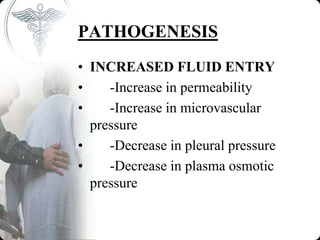 PATHOGENESIS
• INCREASED FLUID ENTRY
• -Increase in permeability
• -Increase in microvascular
pressure
• -Decrease in pleural pressure
• -Decrease in plasma osmotic
pressure
 