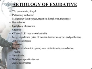 AETIOLOGY OF EXUDATIVE
– TB, pneumonia, fungal
– Pulmonary embolism
– Malignancy-lung cancer,breast ca, lymphoma, metastatic
– Hemothorax
– Lymphatic obstruction
– Ureamia
– CT dse- SLE, rheumatoid arthritis
– Meig’s syndrome (triad of ovarian tumour w ascites and p effusion)
– Asbestos exposure
– Radiation
– Drugs- nitrofurantoin, phenytoin, methotrexate, amiodarone.
– Trauma
– Sarcoidosis
– Subdiaphragmatic abscess
– Acute pancreatitis
 