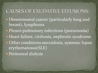  Disseminated cancer (particularly lung and
breast), lymphoma
 Pleuro-pulmonary infections (pneumonia)
 Heart failure, cirrhosis, nephrotic syndrome
 Other conditions sarcoidosis, systemic lupus
erythematosus(SLE)
 Peritoneal dialysis
 