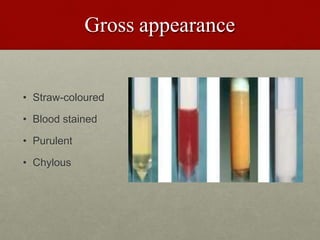 Gross appearance
• Straw-coloured
• Blood stained
• Purulent
• Chylous
 