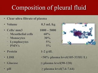 Composition of pleural fluid
• Clear ultra filtrate of plasma
• Volume
• Cells/ mm3
• Mesothelial cells
• Monocytes
• Lymphocytes
• PMN’s
• Protein
• LDH
• Glucose
• pH
0.3 mL/kg
1000 – 5000
60%
30%
5%
5%
1-2 g/dL
<50% plasma level(105-333IU/L)
 plasma level(90-120)
≥ plasma level(7.6-7.64)
 