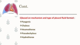 Cont.
C(based on mechanism and type of pleural fluid formed :
Pyogenic
Chylous
Heamothorax
Pseudochylous
Hydrothorax
 