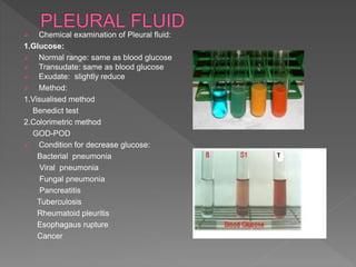  Chemical examination of Pleural fluid:
1.Glucose:
 Normal range: same as blood glucose
 Transudate: same as blood glucose
 Exudate: slightly reduce
 Method:
1.Visualised method
Benedict test
2.Colorimetric method
GOD-POD
 Condition for decrease glucose:
Bacterial pneumonia
Viral pneumonia
Fungal pneumonia
Pancreatitis
Tuberculosis
Rheumatoid pleuritis
Esophagaus rupture
Cancer
 