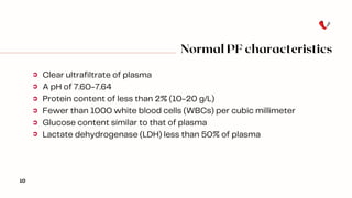 Normal PF characteristics
10
Clear ultrafiltrate of plasma
A pH of 7.60-7.64
Protein content of less than 2% (10-20 g/L)
Fewer than 1000 white blood cells (WBCs) per cubic millimeter
Glucose content similar to that of plasma
Lactate dehydrogenase (LDH) less than 50% of plasma
 