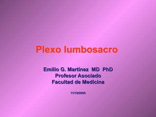Plexo lumbosacro   Emilio G. Martínez  MD  PhD Profesor Asociado Facultad de Medicina 11/10/2005 