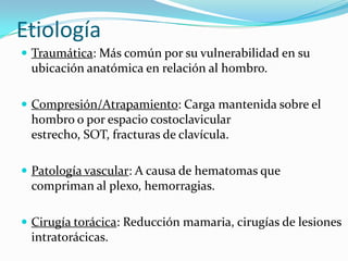 Etiología
 Traumática: Más común por su vulnerabilidad en su
 ubicación anatómica en relación al hombro.

 Compresión/Atrapamiento: Carga mantenida sobre el
 hombro o por espacio costoclavicular
 estrecho, SOT, fracturas de clavícula.

 Patología vascular: A causa de hematomas que
 compriman al plexo, hemorragias.

 Cirugía torácica: Reducción mamaria, cirugías de lesiones
 intratorácicas.
 