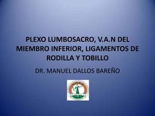 PLEXO LUMBOSACRO, V.A.N DEL
MIEMBRO INFERIOR, LIGAMENTOS DE
RODILLA Y TOBILLO
DR. MANUEL DALLOS BAREÑO
 