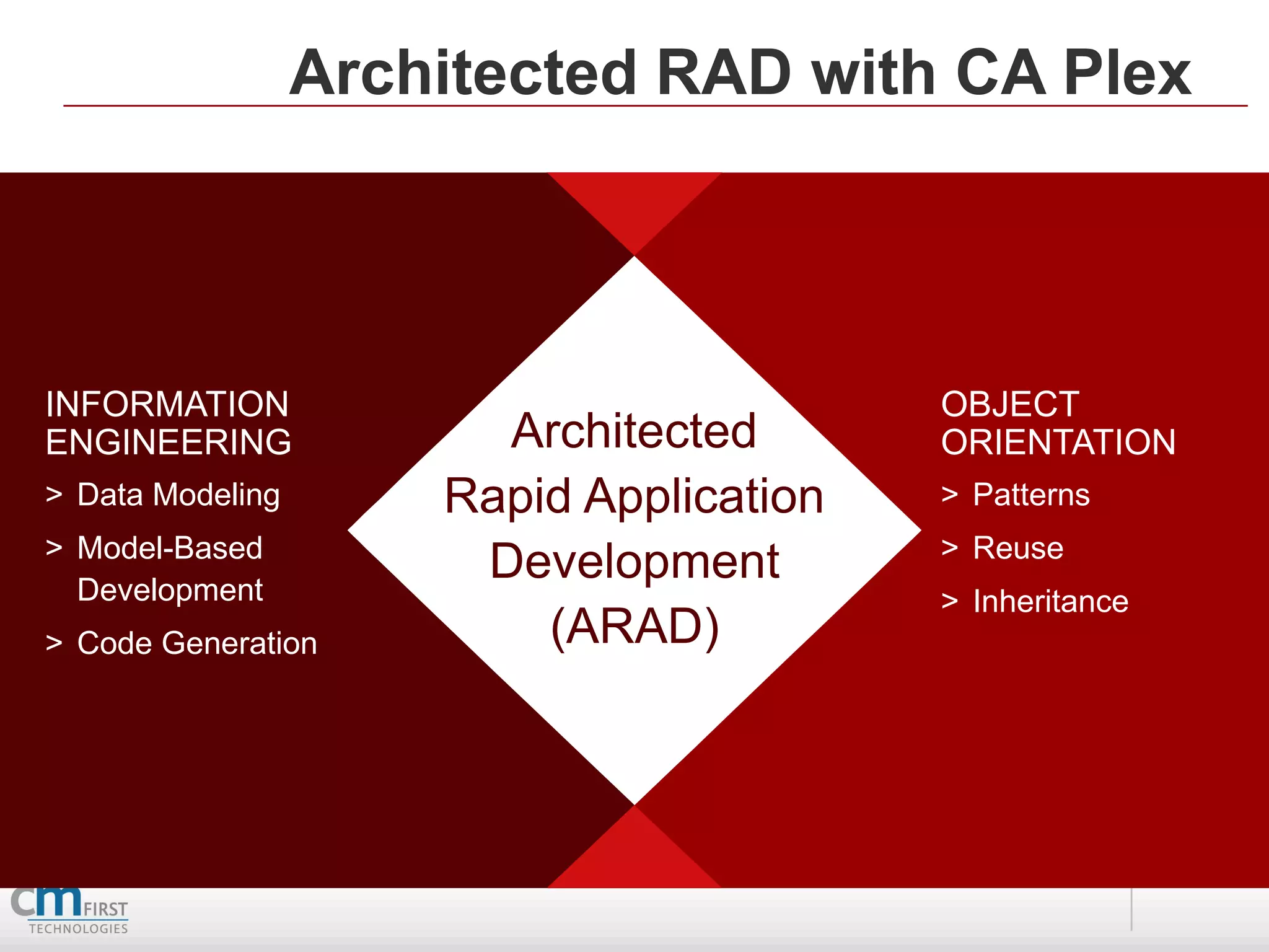 Architected RAD with CA Plex




INFORMATION                               OBJECT
ENGINEERING             Architected       ORIENTATION
> Data Modeling       Rapid Application   > Patterns
> Model-Based                             > Reuse
  Development
                       Development
                                          > Inheritance
> Code Generation         (ARAD)
 