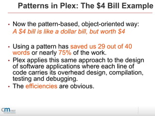 Patterns in Plex: The $4 Bill Example

•   Now the pattern-based, object-oriented way:
    A $4 bill is like a dollar bill, but worth $4

•   Using a pattern has saved us 29 out of 40
    words or nearly 75% of the work.
•   Plex applies this same approach to the design
    of software applications where each line of
    code carries its overhead design, compilation,
    testing and debugging.
•   The efficiencies are obvious.
 