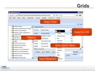 Grids


               Drag n Drop



                                        Export to CSV

Filtering


                         Grid Column Menu




            Save Placement
 
