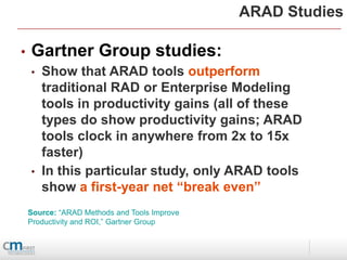 ARAD Studies

•   Gartner Group studies:
    •   Show that ARAD tools outperform
        traditional RAD or Enterprise Modeling
        tools in productivity gains (all of these
        types do show productivity gains; ARAD
        tools clock in anywhere from 2x to 15x
        faster)
    •   In this particular study, only ARAD tools
        show a first-year net “break even”
    Source: “ARAD Methods and Tools Improve
    Productivity and ROI,” Gartner Group
 