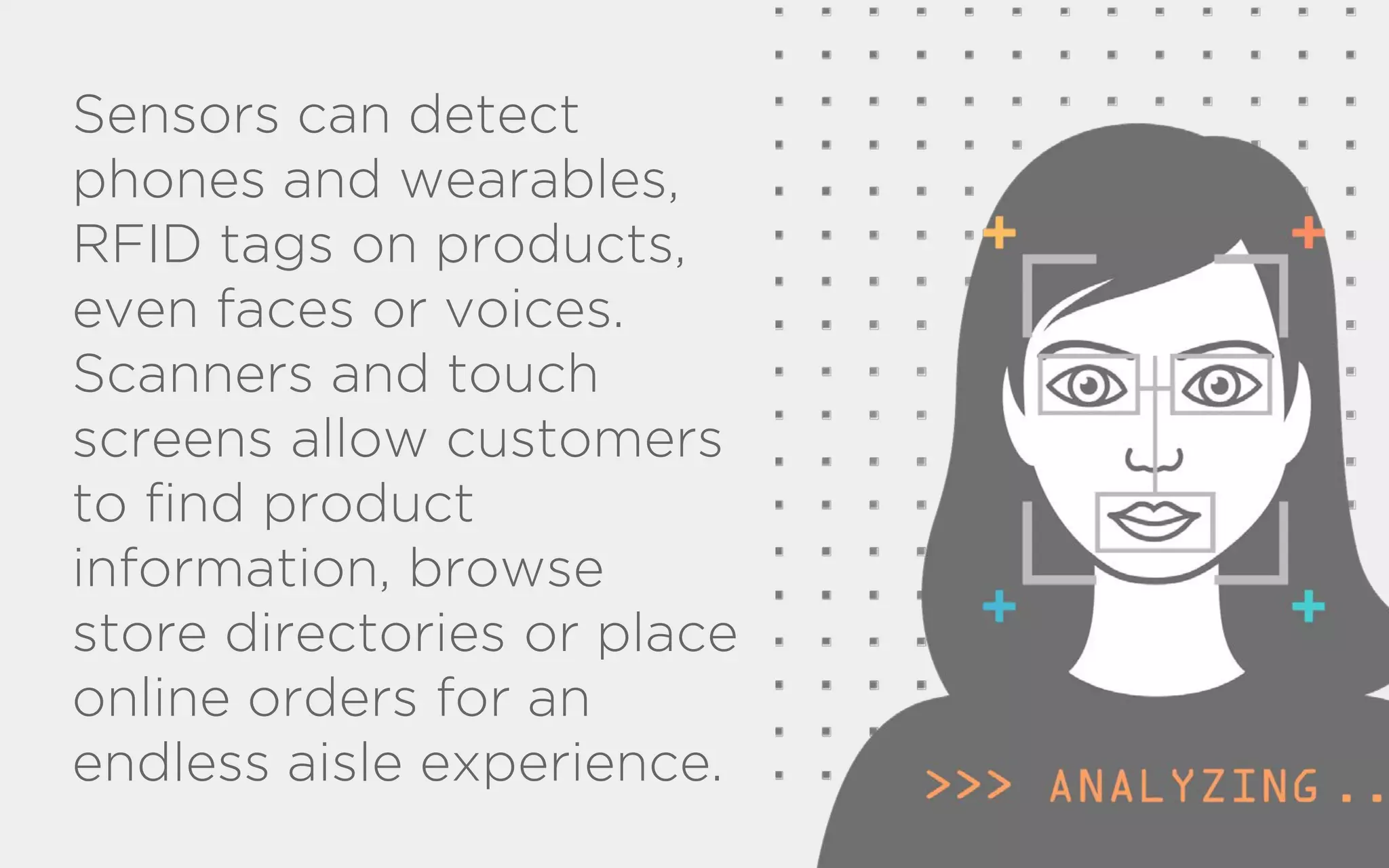 Sensors can detect
phones and wearables,
RFID tags on products,
even faces or voices.
Scanners and touch
screens allow customers
to find product
information, browse
store directories or place
online orders for an
endless aisle experience.