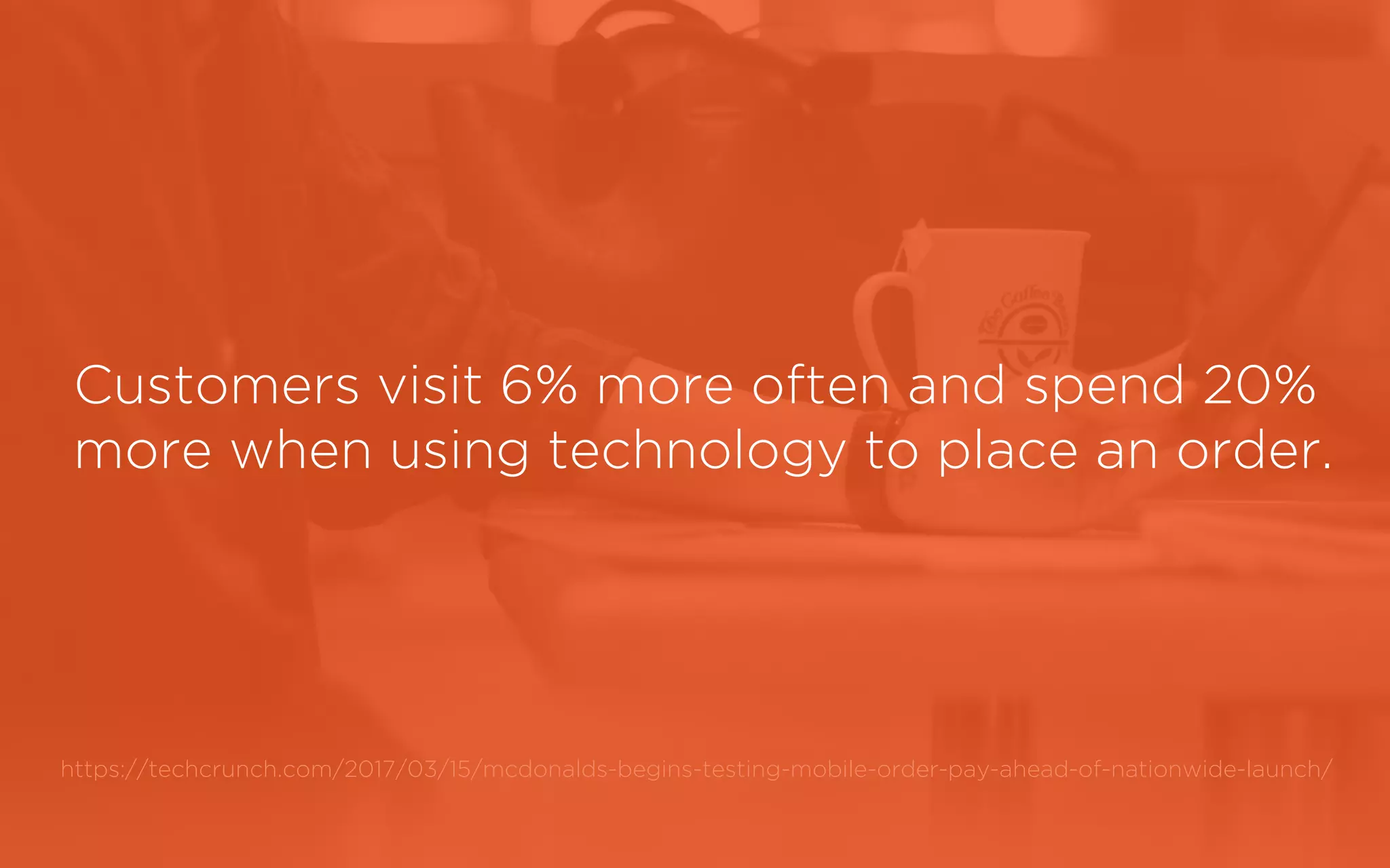 Customers visit 6% more often and spend 20%
more when using technology to place an order.
https://techcrunch.com/2017/03/15/mcdonalds-begins-testing-mobile-order-pay-ahead-of-nationwide-launch/
 