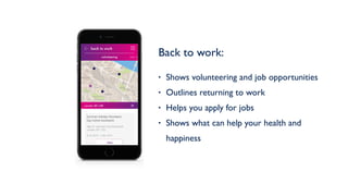 Back to work: 
• Shows volunteering and job opportunities
• Outlines returning to work
• Helps you apply for jobs
• Shows what can help your health and
happinessview
Summer Holiday Volunteers -
Day Centre Assistants
Age UK Lewisham and Southwark
London, SE1 1QQ
8 Jul 2015 - 2 Dec 2015
current: SE1 6JR
back to work
volunteering new w
current: SE1 6JR
 