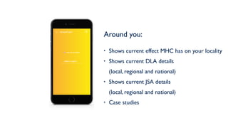 Around you: 
• Shows current effect MHC has on your locality
• Shows current DLA details  
(local, regional and national)
• Shows current JSA details  
(local, regional and national)
• Case studies
select a region
use my location
around you
 