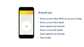 Around you: 
• Shows current effect MHC has on your locality
• Shows current DLA details  
(local regional and national)
• Shows current JSA details  
(local regional and national)
• Case studies
Your region Southwark has 8900 people
currenty not able to work due to Mental
Health related issues, who have been
unable to works for the more than the past
12 months. This equates to 1.08% of the
UK’s total number
discover support services
in your local area
current: London SE1 6JR
around you
 