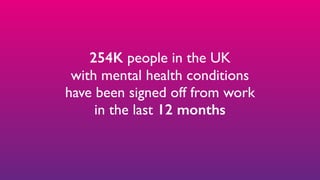 254K people in the UK
with mental health conditions
have been signed off from work
in the last 12 months
 