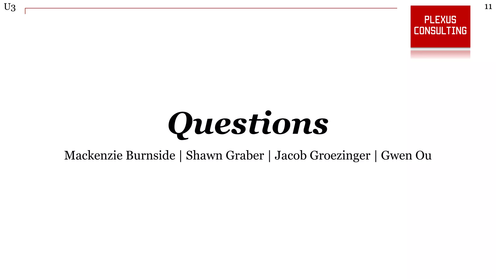 11U3
Questions
Mackenzie Burnside | Shawn Graber | Jacob Groezinger | Gwen Ou
 