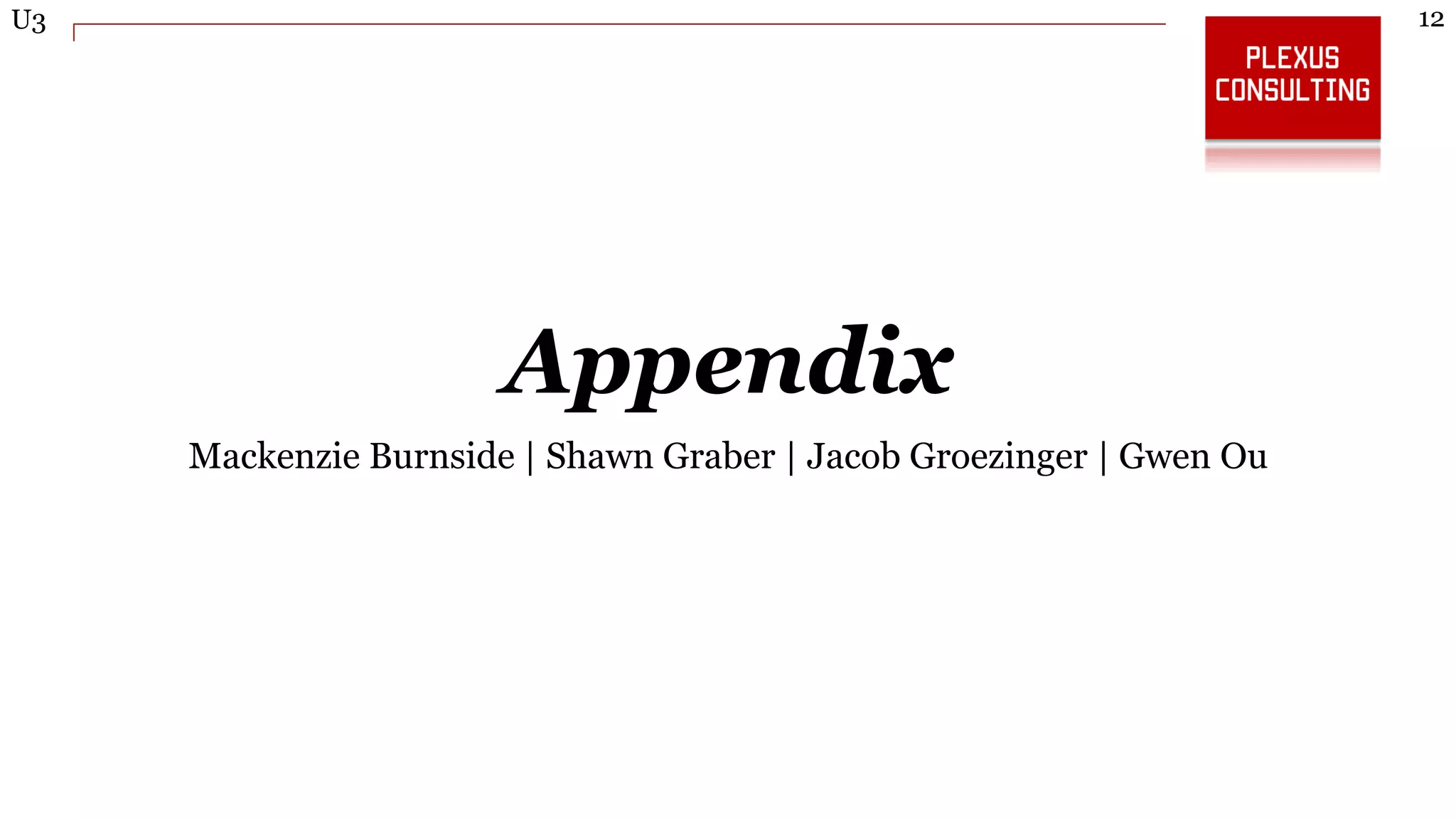 12U3
Appendix
Mackenzie Burnside | Shawn Graber | Jacob Groezinger | Gwen Ou
 