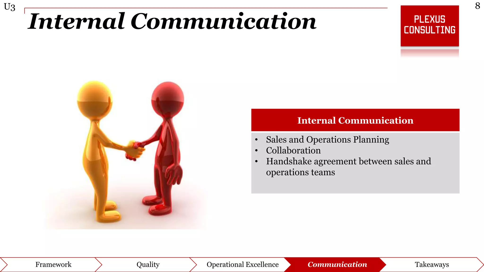 8U3
Framework Quality Operational Excellence Communication Takeaways
Internal Communication
Internal Communication
• Sales and Operations Planning
• Collaboration
• Handshake agreement between sales and
operations teams
 